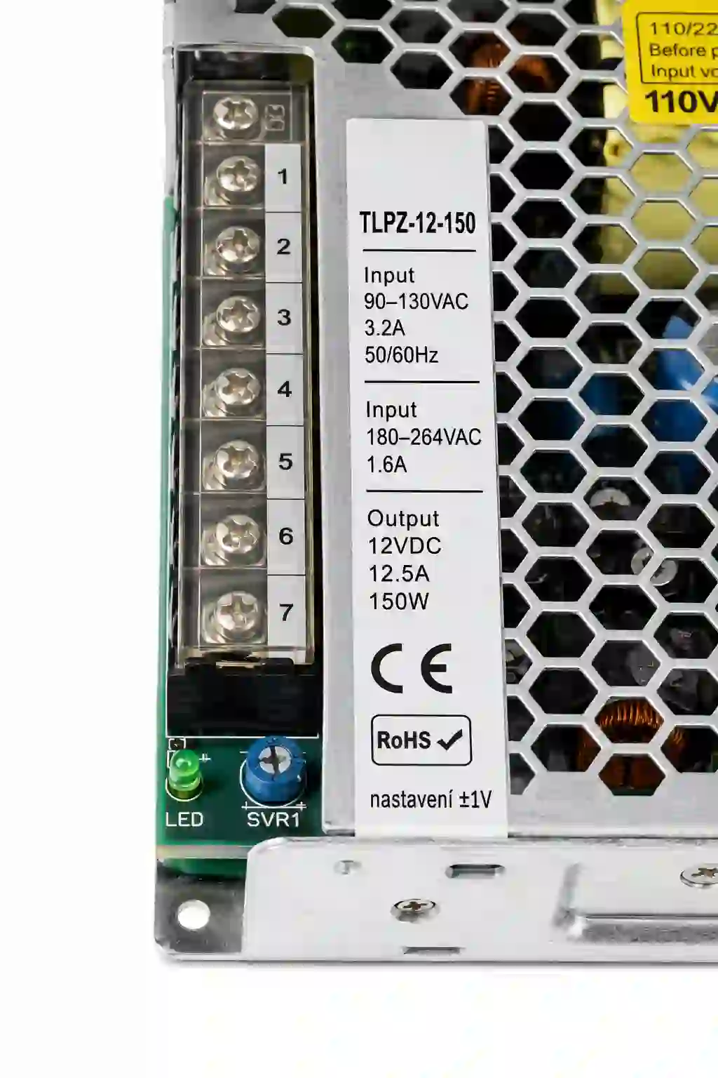 Schéma zapojení svorek LED zdroje 12V 150W IP20 s označením AC vstup a DC výstup pinů